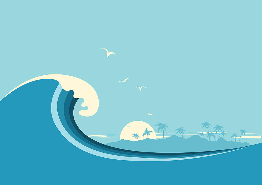 900x636 Big Ocean Wave And Tropical Island Vector Blue Background