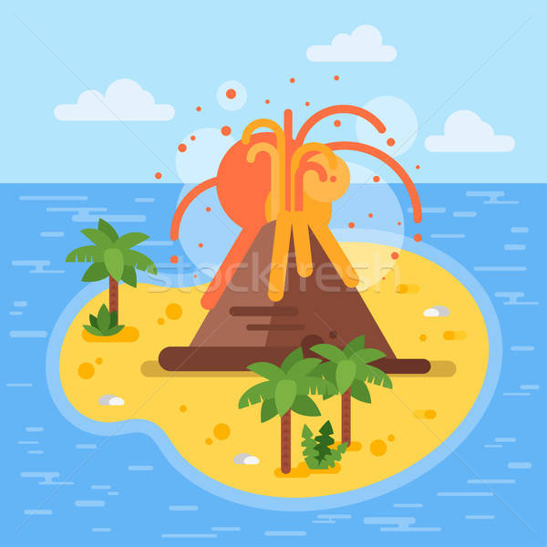 600x600 Vector Flat Style Illustration Of Volcano On Tropical Island