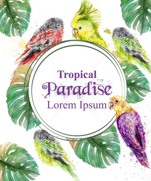 500x600 Tropical Paradise Frame With Parrots And Palm Leaves Watercolor