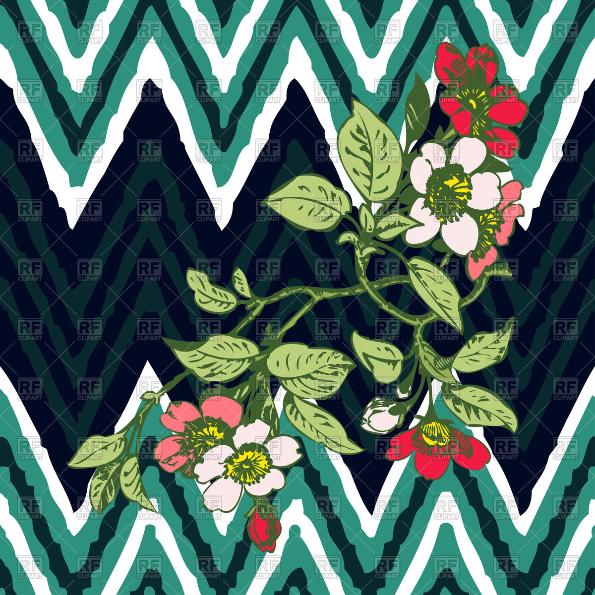 1200x1200 Hand Drawn Roses Tropical Vintage Print On Stripes Zigzag Pattern