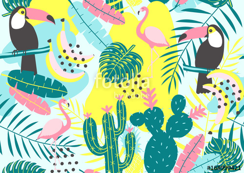 500x355 Tropical Seamless Pattern With Toucan, Flamingos, Cactuses