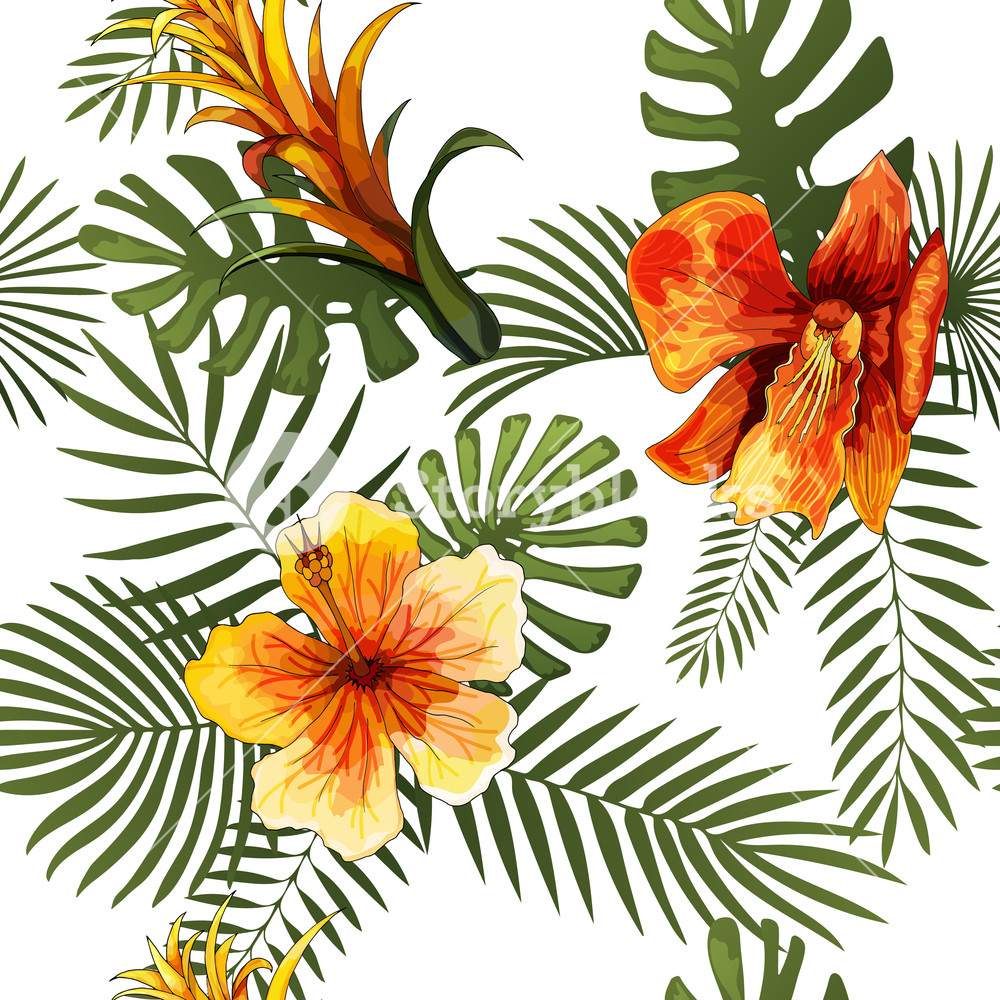 1000x1000 Vector Seamless Tropical Pattern, Vivid Tropic Foliage