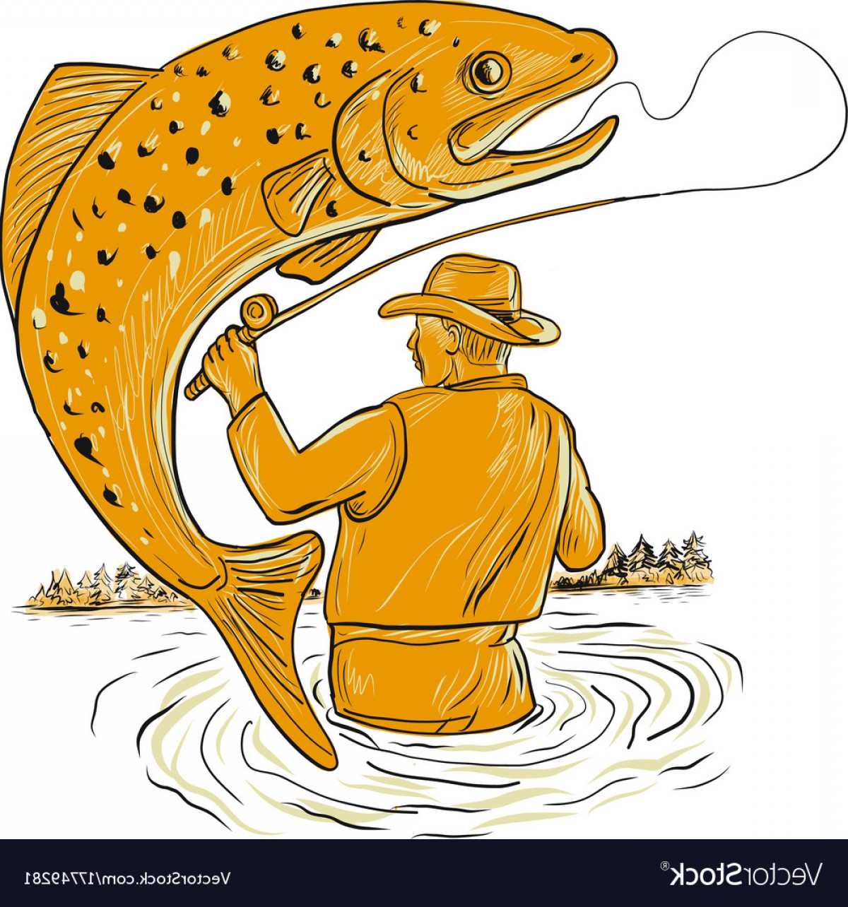 Fly Fisherman Reeling Trout Drawing Vector Handandbeak 1200x1284 Fly Fisherman Reeling Trout Drawing Vector Handandbeak