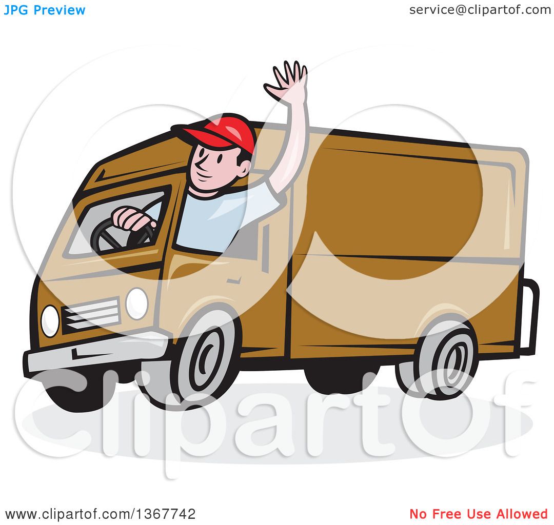 Clipart Of A Retro Cartoon Friendly White Male Delivery Truck. 