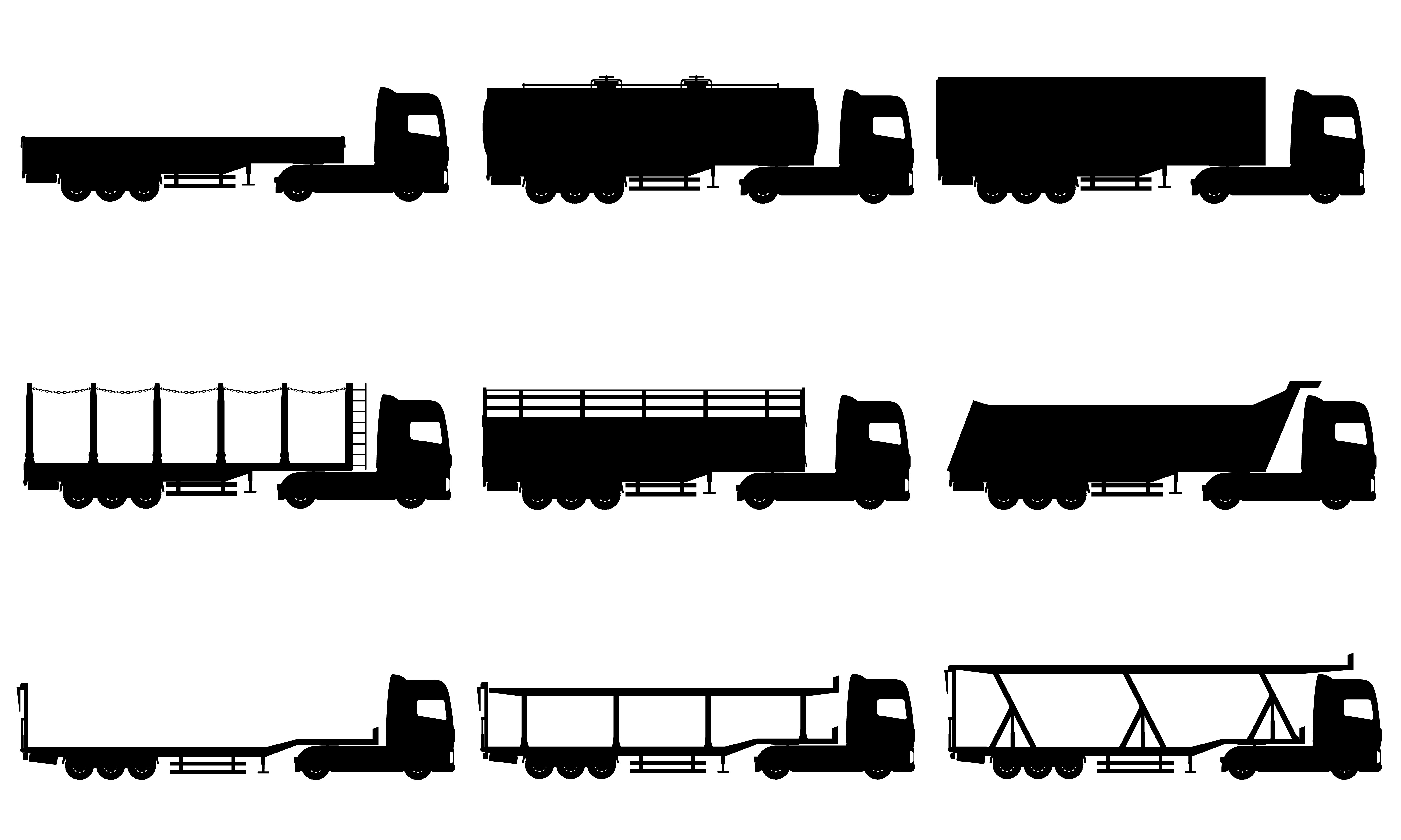 5906x3543 Set Icons Trucks Semi Trailer Black Silhouette Vector Illustration