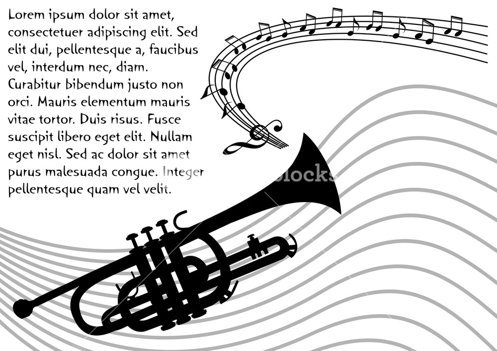 1000x707 Trumpet Silhouette With Wavy Stave And Musical Notes Black