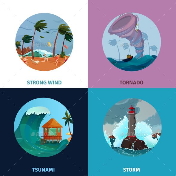 590x590 Seaside Landscapes Concept Icons Set With Tsunami Symbols Flat