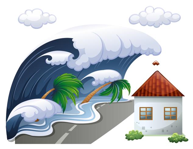 634x490 Tsunami Scene With Big Waves And House