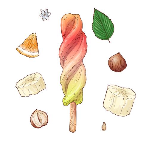 490x490 Set Ice Cream Banana Orange Nut Hand Drawing Vector Illustration