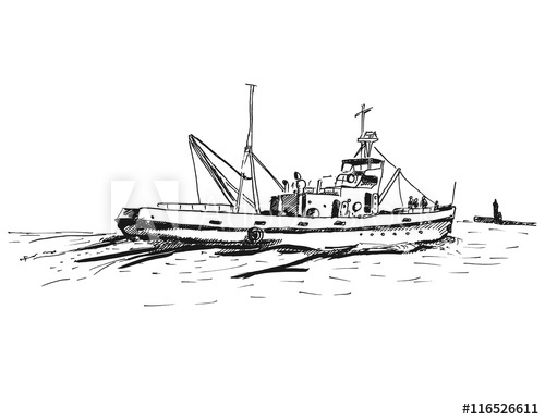 500x386 Ink Sketch Of Tugboat Vector Illustration