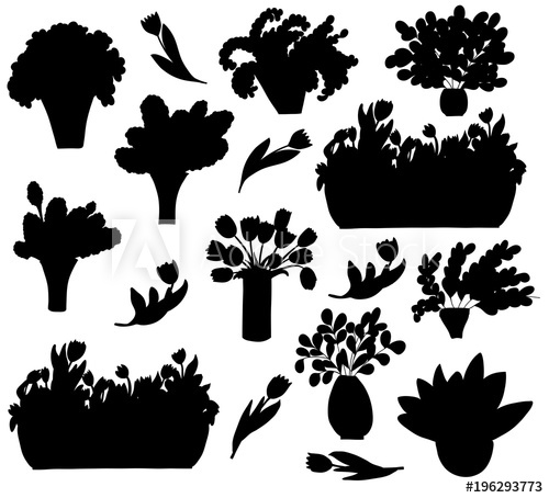 500x454 Set Of Silhouettes Of Cartoon Plants In Pots And Vases Tulip