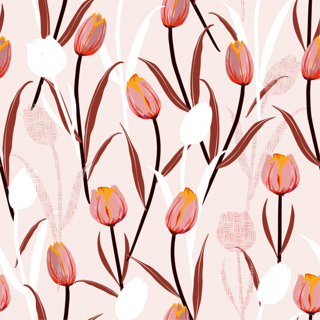 626x626 Tulip Flowers Silhouette And Hand Line Seamless Pattern Vector