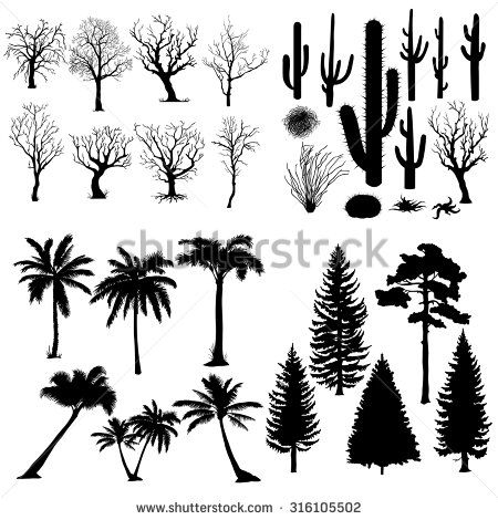 450x470 Vector Big Set Of Trees And Plants Silhouettes Cacti, Tumbleweed