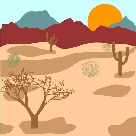 450x450 Desert, Mountains, Cactuses And Tumbleweed Royalty Free Vector