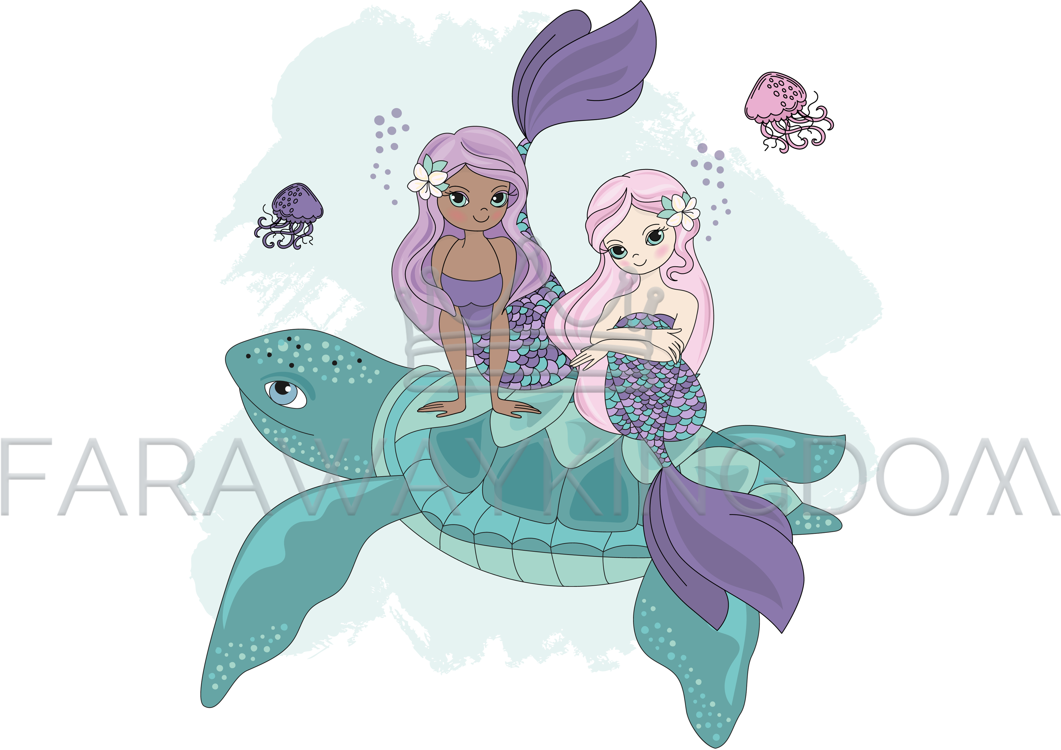 3508x2480 Mermaid Turtle Cartoon Tropical Animal Vector Illustration Set