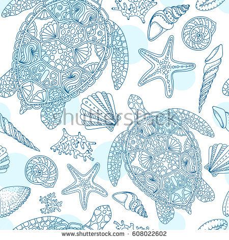 450x470 Seamless Summer Underwater Pattern Various Shell, Algae, Starfish