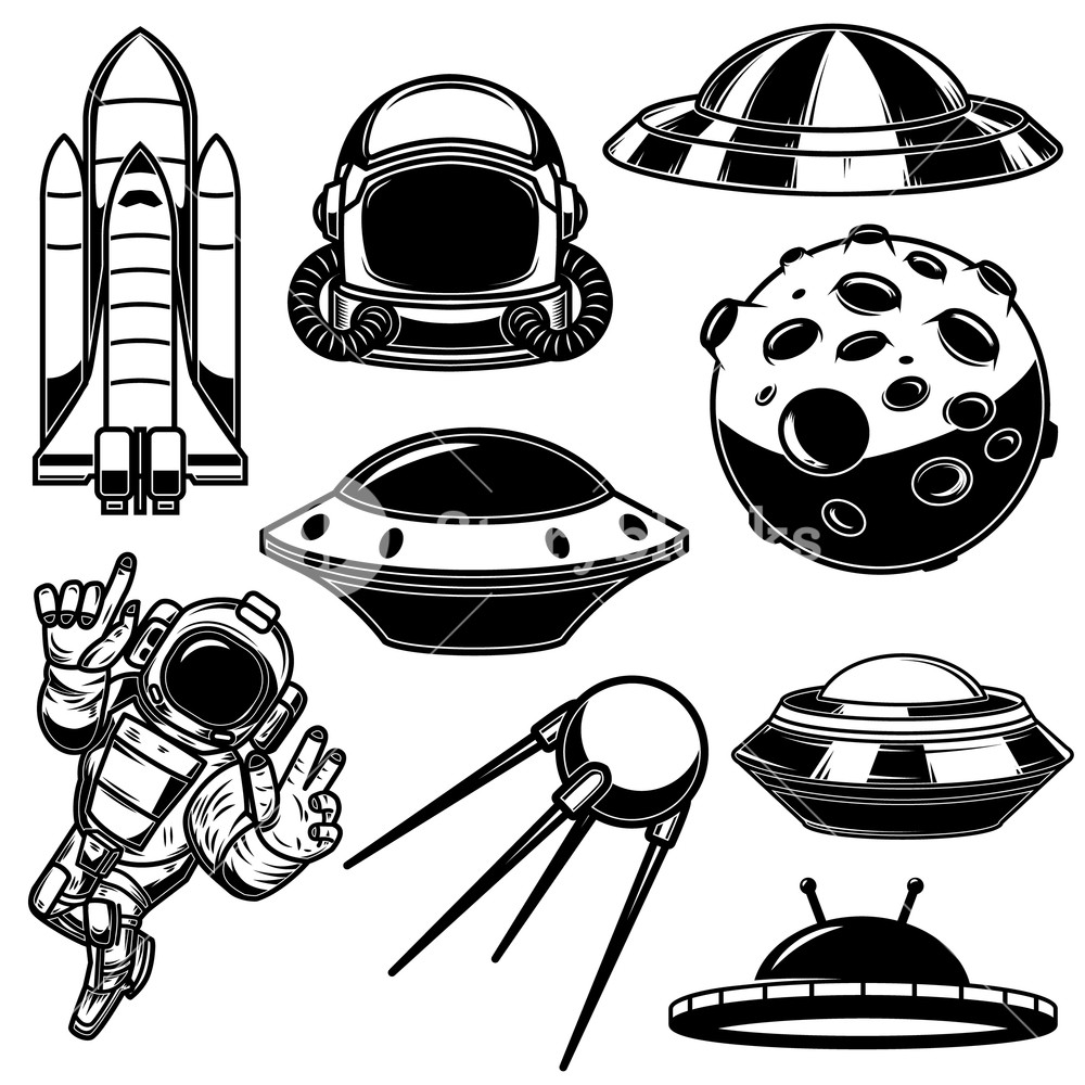 1000x1000 Set Of Space Design Elements Spaceman, Shuttle, Ufo, Satellite