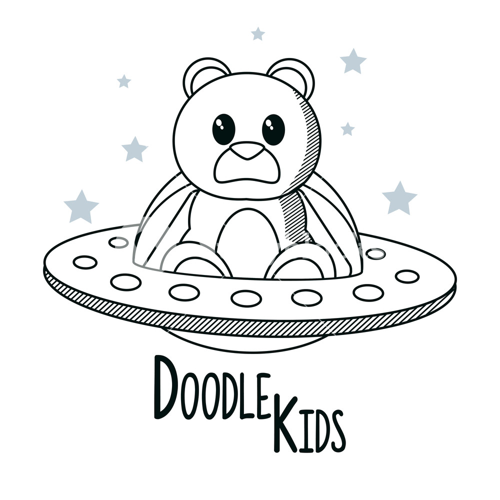 1000x1000 Doodle Kids Cartoons With Teddy On Ufo Vector Illustration Graphic