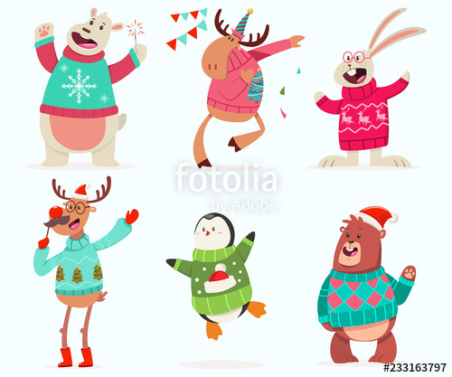500x417 Cute Animals On The Party In An Ugly Christmas Sweater Vector