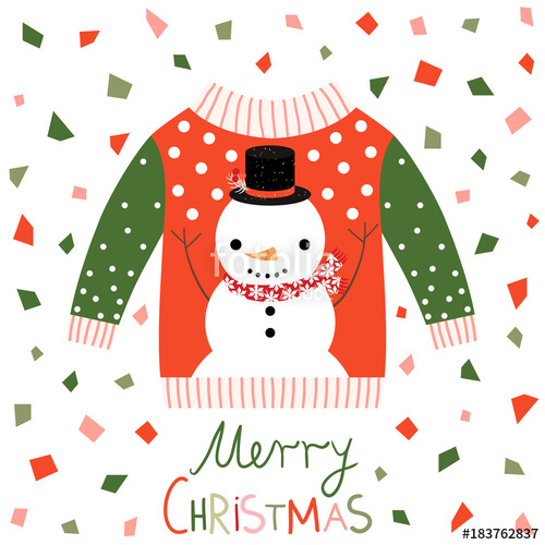 500x500 Red, Pink And Green Vector Ugly Christmas Sweater With Snowman