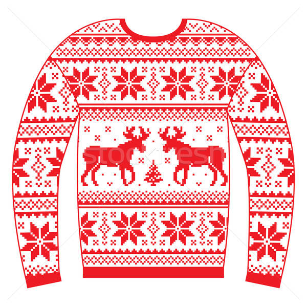 600x600 Ugly Christmas Jumper Or Sweater With Reindeer And Snowflakes Red