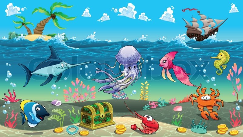800x453 Funny Scene Under The Sea Vector Stock Vector Colourbox