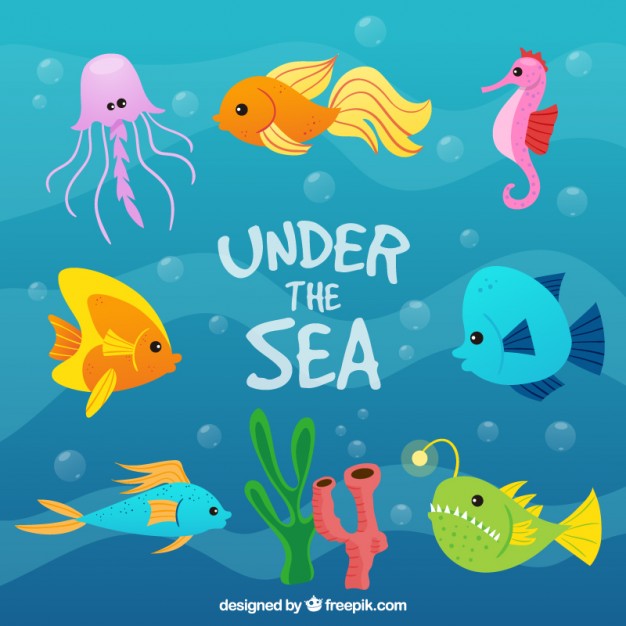 626x626 Hand Drawn Colored Fishes Under The Sea Background Vector Free