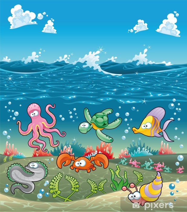 618x700 Marine Animals Under The Sea Vector Illustration Wall Mural