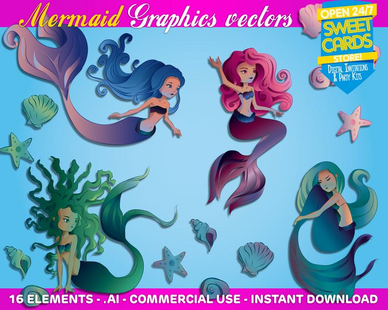 794x635 Mermaid Under The Sea Vector Graphics Clipartscommercial Etsy