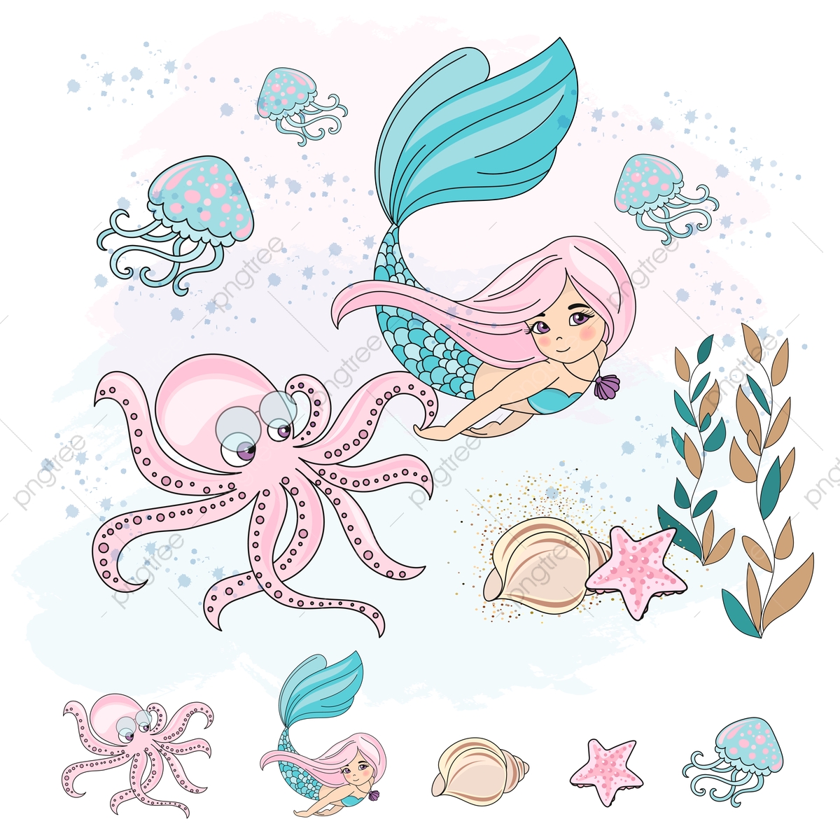 Mermaid Octopus School Autumn Underwater Vector Illustration Set 1200x1200 Mermaid Octopus School Autumn Underwater Vector Illustration Set