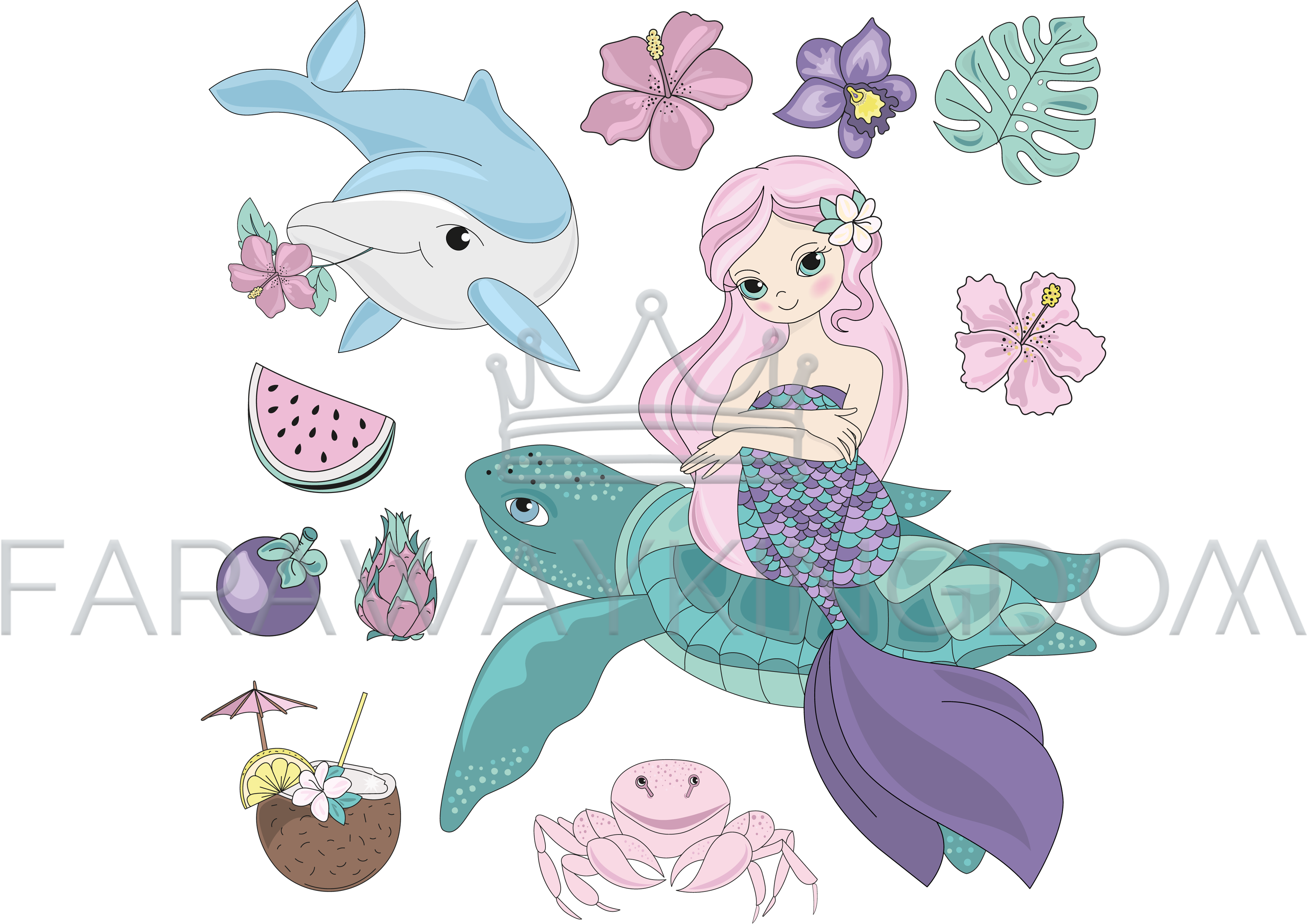 Flying Mermaid Sea Animals Underwater Vector Illustration Set 3508x2480 Flying Mermaid Sea Animals Underwater Vector Illustration Set