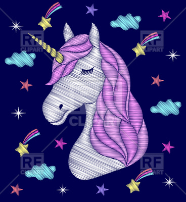 368x400 Head Of Unicorn Embroidery On Dark Blue Background Vector Image
