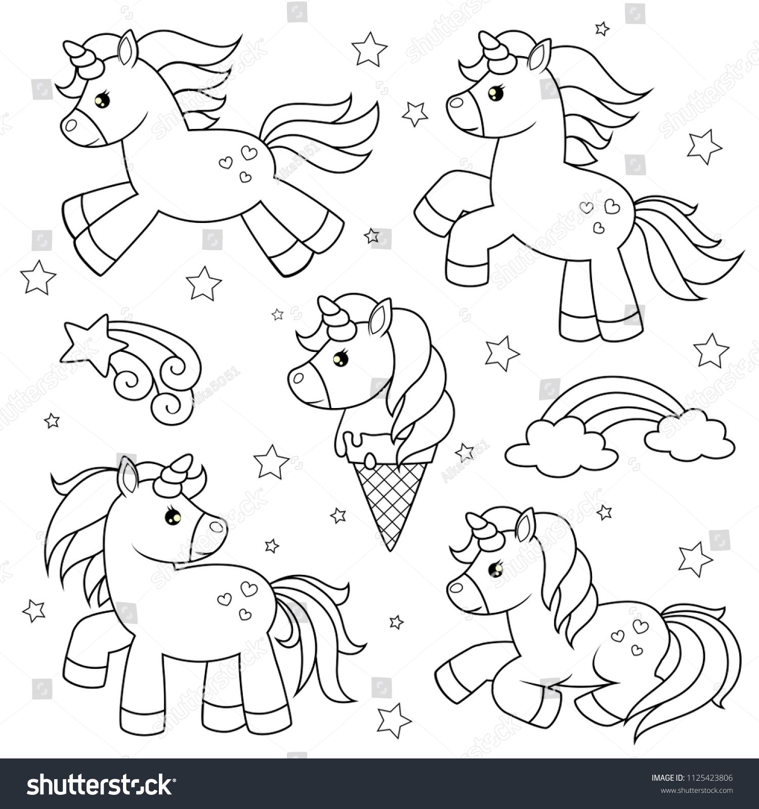 Set Of Cute Cartoon Unicorns Black And White Vector Illustration 1500x1600 Set Of Cute Cartoon Unicorns Black And White Vector Illustration