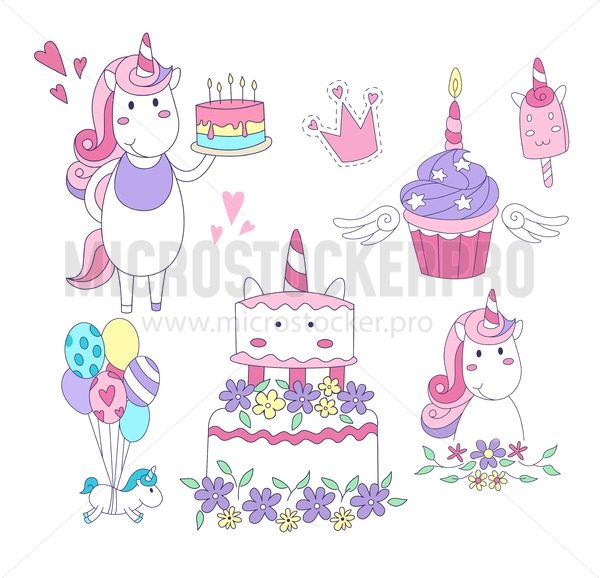 Set Of Unicorn Party Elements Cake, Cupcake, Unicorns,balloons 600x578 Set Of Unicorn Party Elements Cake, Cupcake, Unicorns,balloons