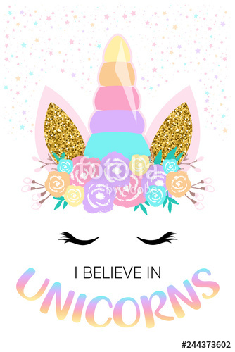 334x500 Happy Unicorn Face Vector With Ears In Golden Glitter And Flower