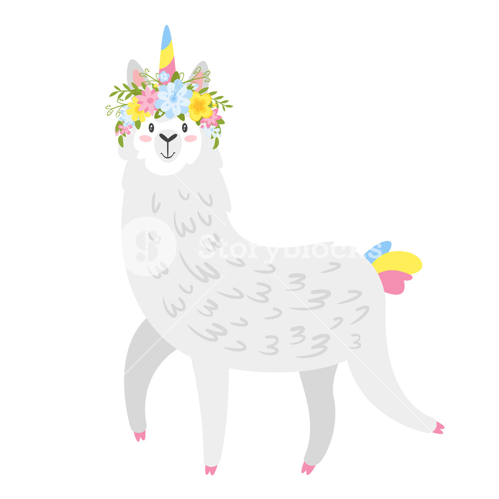 1000x1000 Cute Lama Alpaca Animal With Unicorn Horn And Flower Wreath