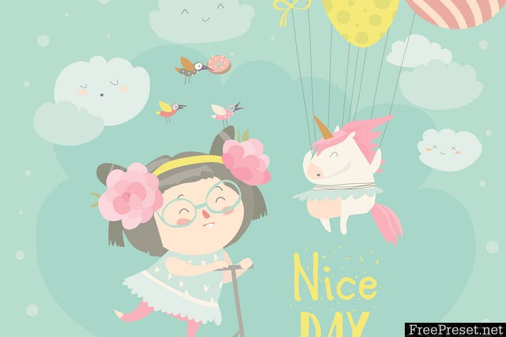 Cute Girl With Her Little Unicorn Vector Greeting 710x473 Cute Girl With Her Little Unicorn Vector Greeting