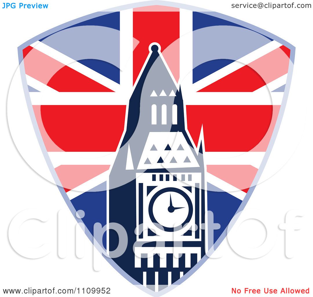 1080x1024 Clipart Retro British Union Jack Shield And Big Ben Clock Tower