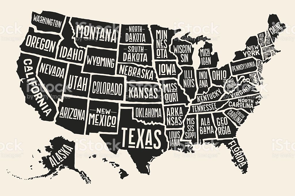 1024x682 Poster Map Of United States Of America With State Names Black