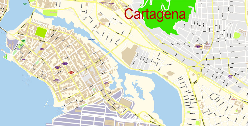 1000x510 Cartagena Map Vector Colombia Extra Detailed City Plan Editable