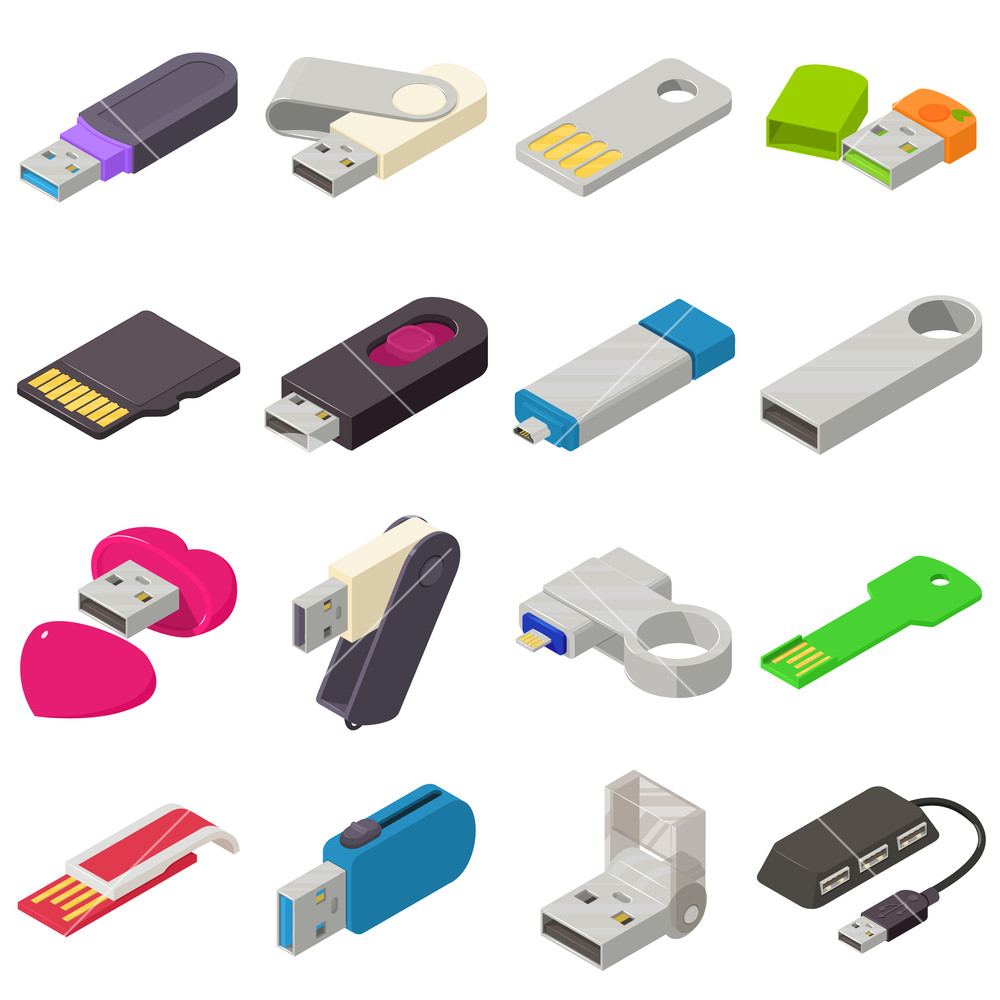 1000x1000 Usb Flash Drive Icons Set Isometric Illustration Of Usb Flash