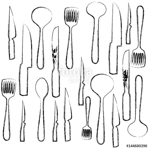 500x500 Monochrome Sketch Of Set Of Kitchen Utensils Vector Illustration