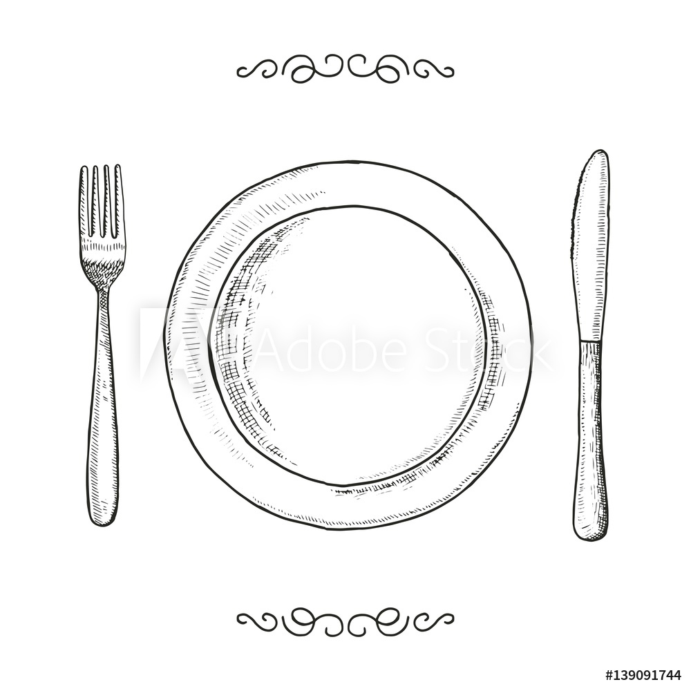 1000x1000 Fotografie, Obraz Dish Fork And Knife Sketch Utensils Vector