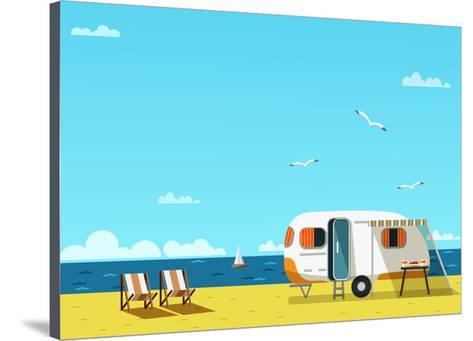 473x341 Retro Caravan On The Beach, Summer Vacation, Vector Illustration