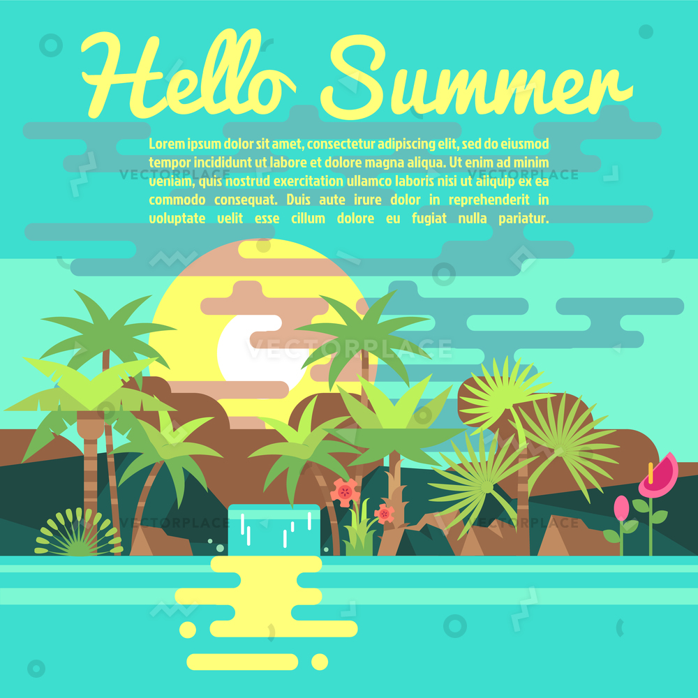 1000x1000 Tropics Summer Vacation Background Trendy Flat Vector Illustration