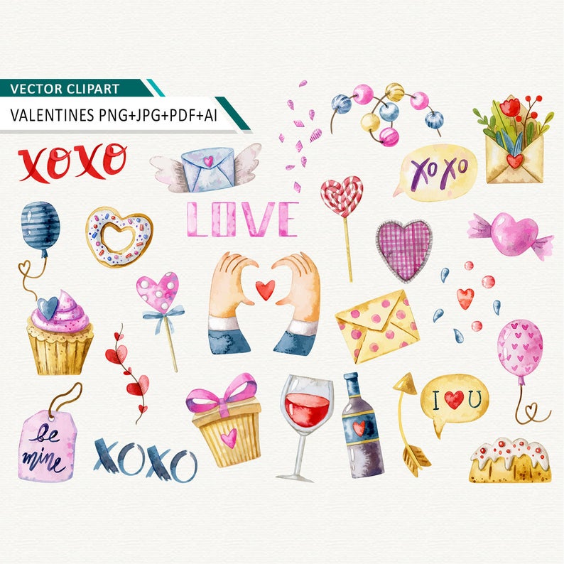 794x794 Watercolor Valentine Clipart Love Printable Valentines Vector Etsy