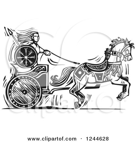 450x470 Clipart Of A Black And White Woodcut Viking Valkyrie And Horse