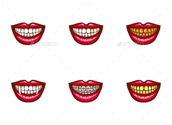 590x429 Set Of Vector Red Female Lips With White Healthy Teeth And Perfect