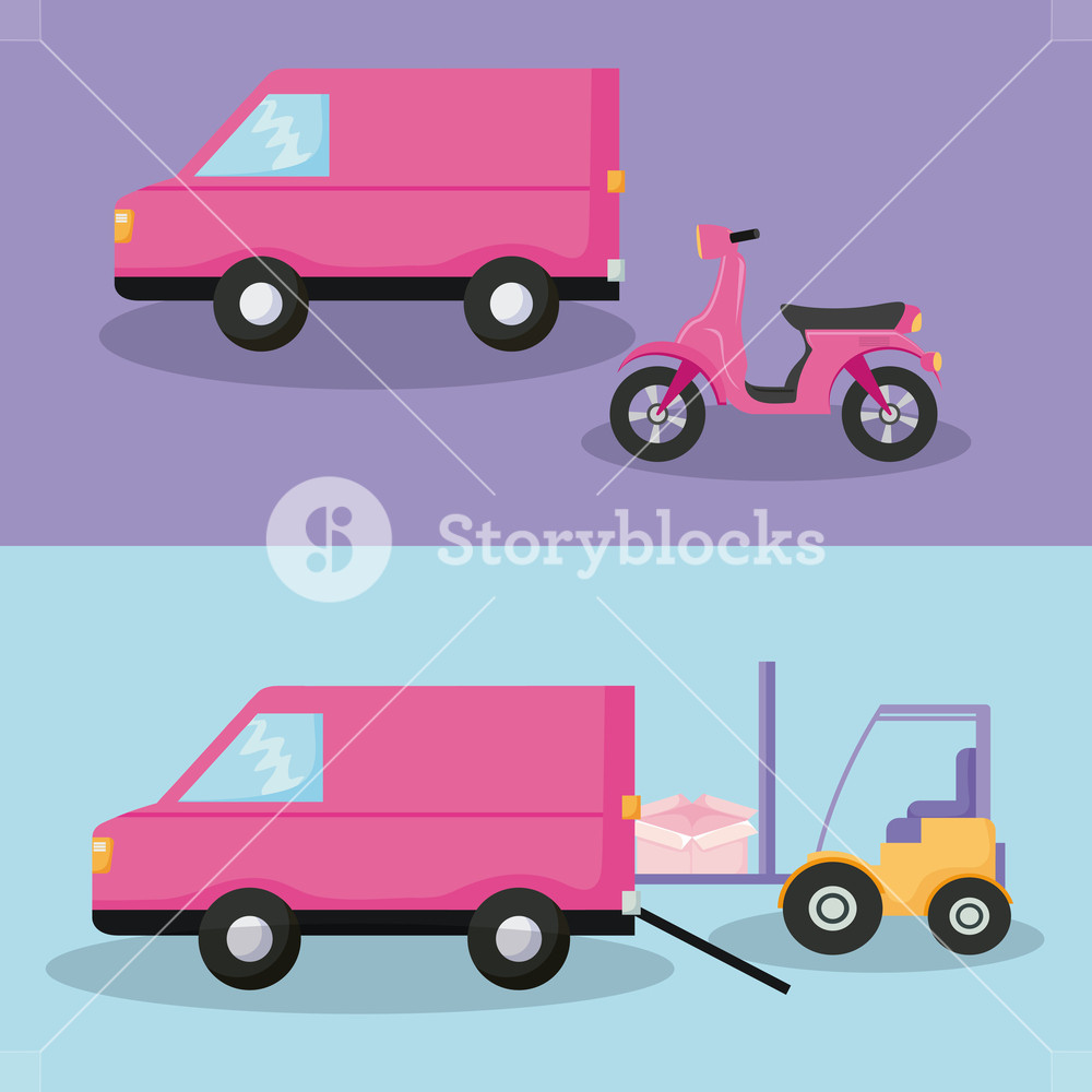 1000x1000 Delivery Service Van Car With Forklift And Motorcycle Vector