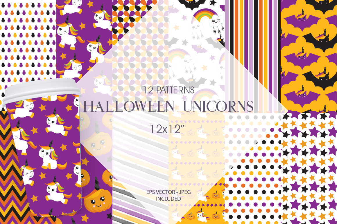 1160x772 Halloween Unicorns Pattern Collection, Vector